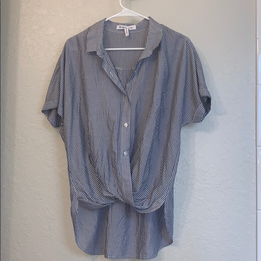 BCBG Striped Button-Down Front-Tuck Shirt